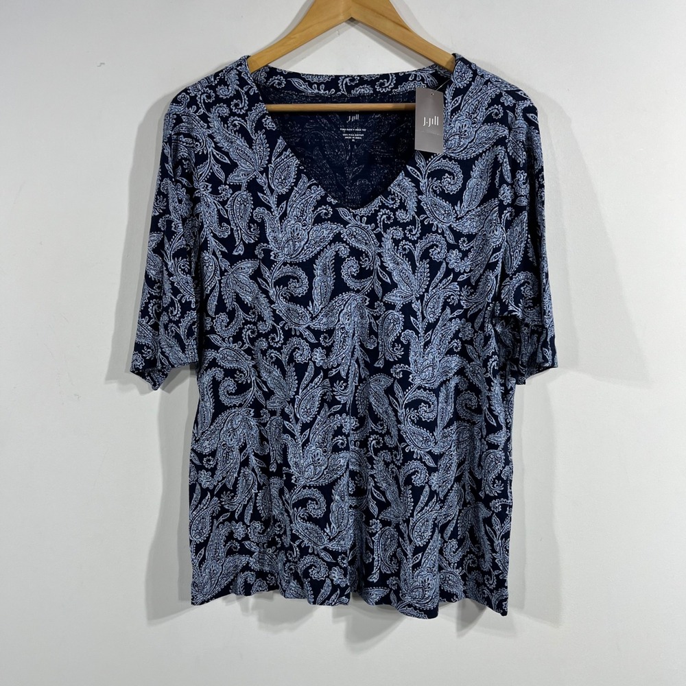 J. Jill Pima Slub V-Neck Tee Navy Blue Paisley Cotton Top XL Cottagecore Boho